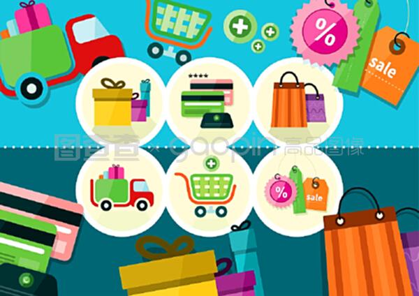 网上购物过程及送货。商铺销售图示。海报概念包括透过网上购物购买产品的图示,以及以平面设计模式的电子商贸概念、标志及购物元素。